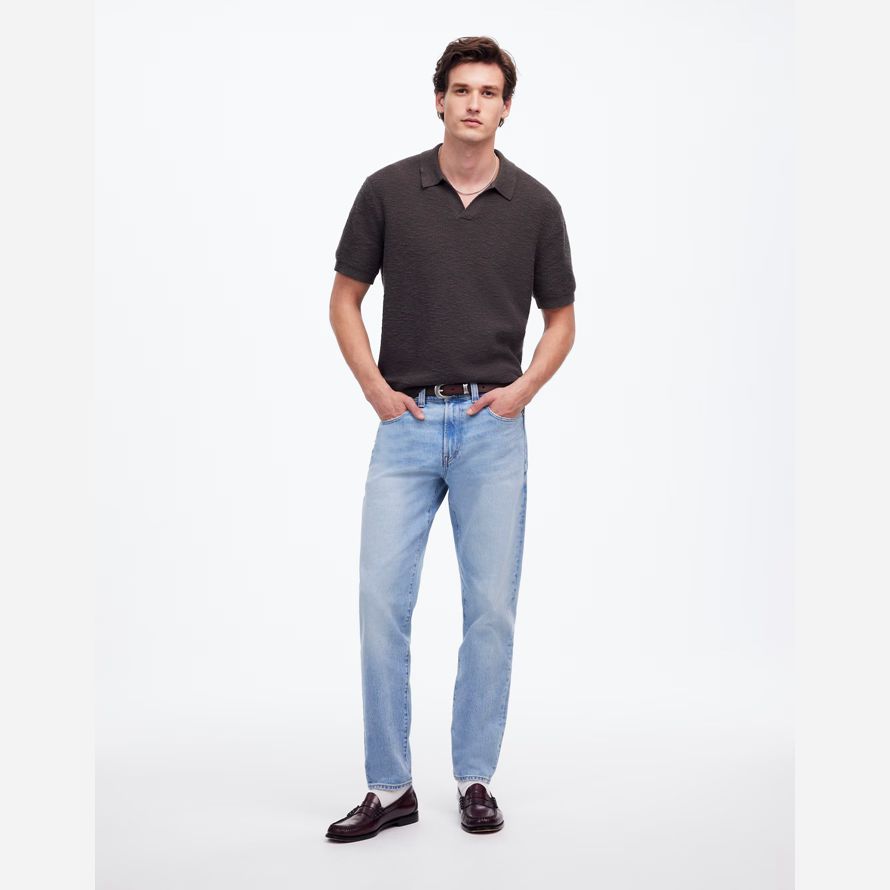 light blue mens madewell relaxed taper jeans
