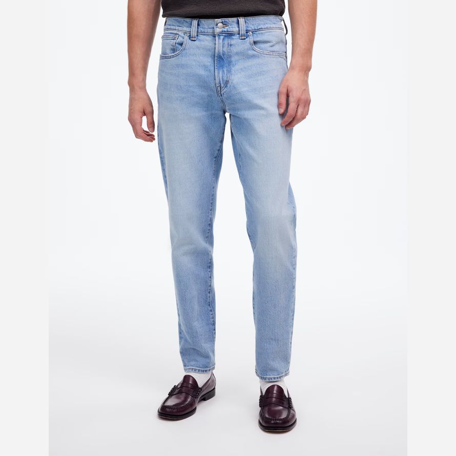 light blue mens madewell relaxed taper jeans
