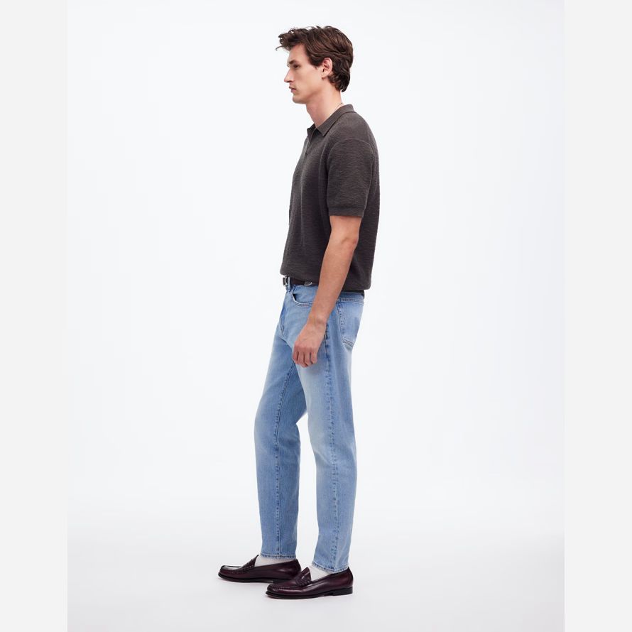 light blue mens madewell relaxed taper jeans