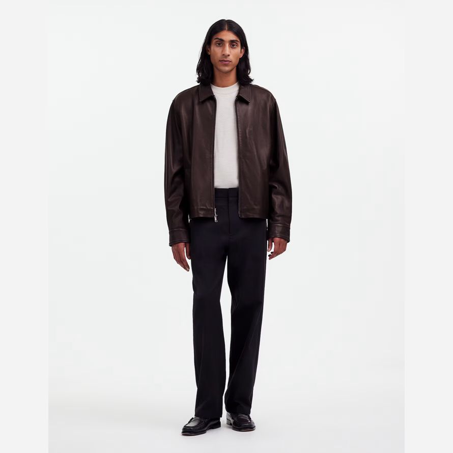 dark brown mens madewell zip-front leather jacket