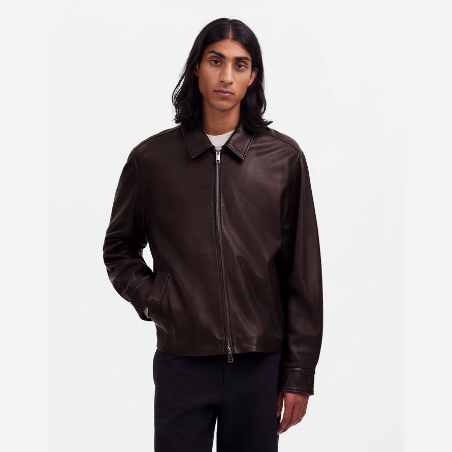 dark brown mens madewell zip-front leather jacket