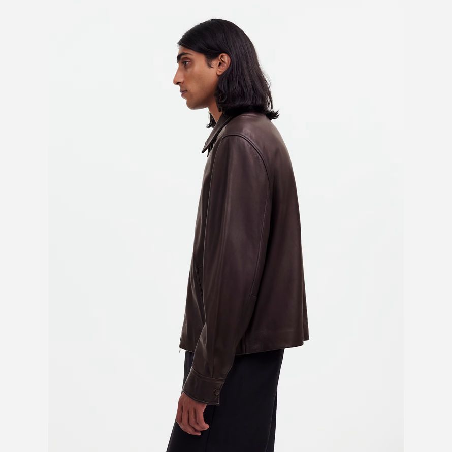 dark brown mens madewell zip-front leather jacket