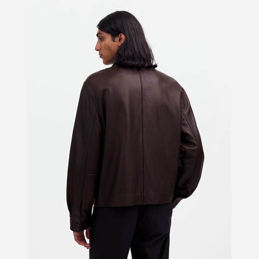 dark brown mens madewell zip-front leather jacket