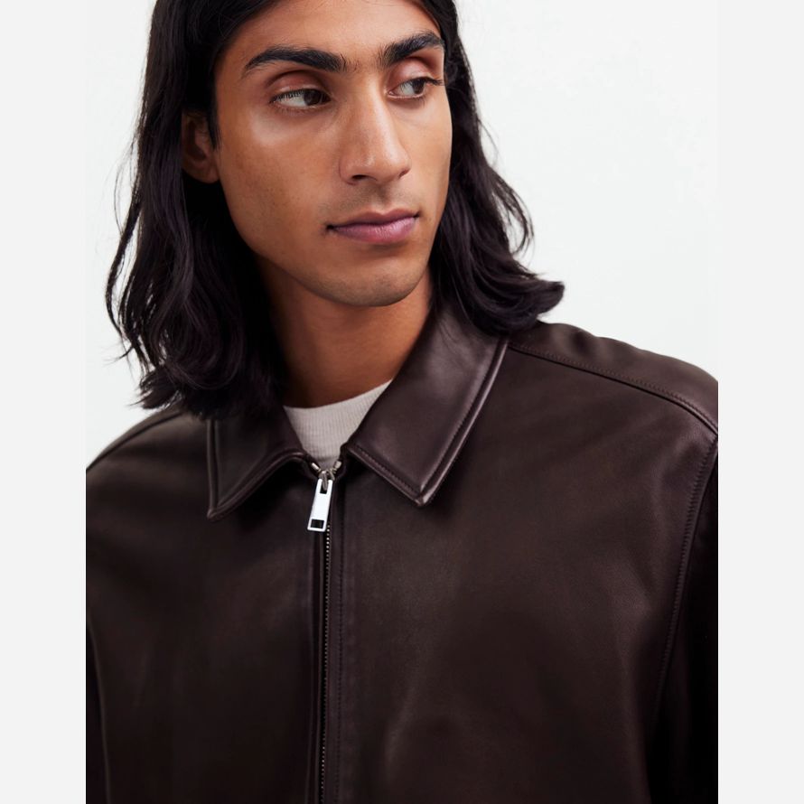 dark brown mens madewell zip-front leather jacket