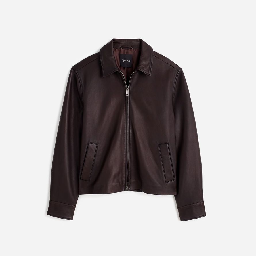 dark brown mens madewell zip-front leather jacket