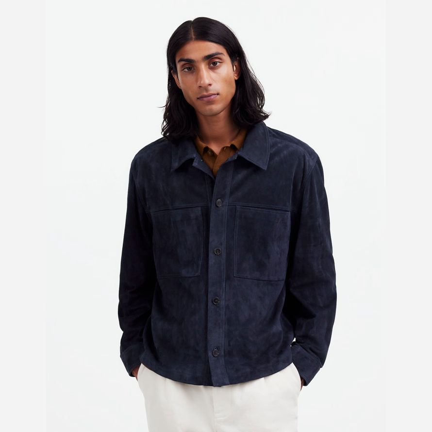 navy mens madewell suede boxy shirt leather jacket