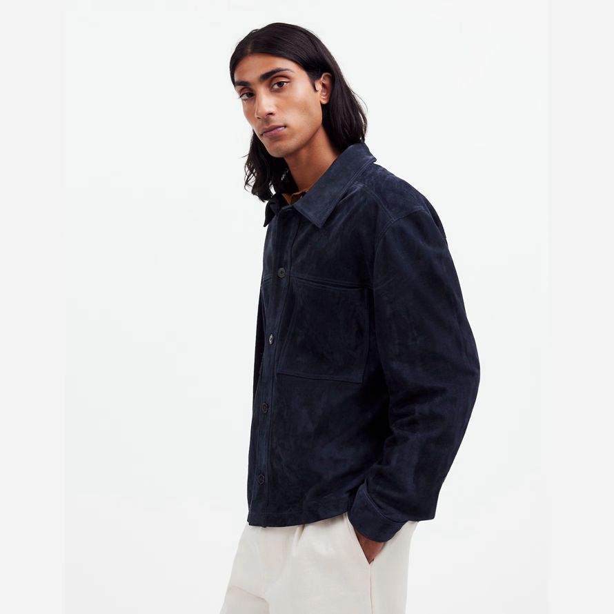navy mens madewell suede boxy shirt leather jacket