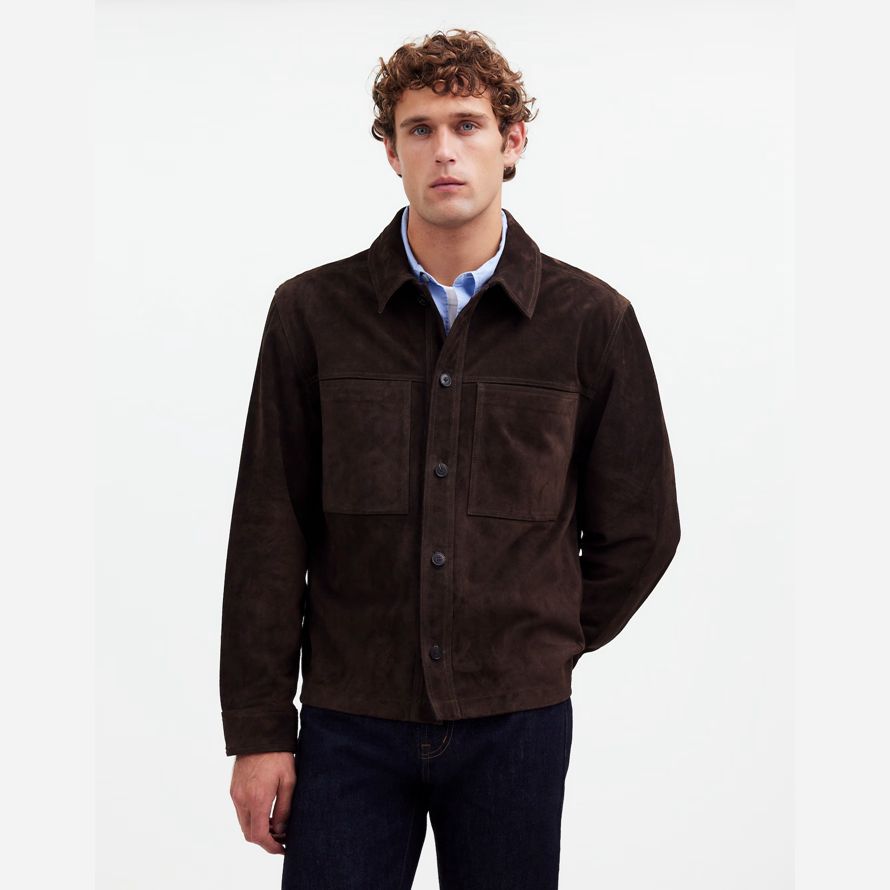 mens madewell suede boxy shirt leather jacket dark brown