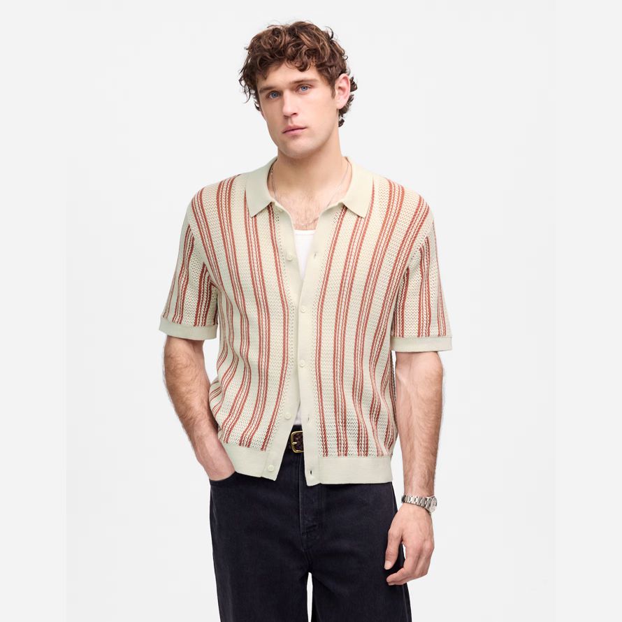 madewell open-stitch button-up sweater mens polo beige brown