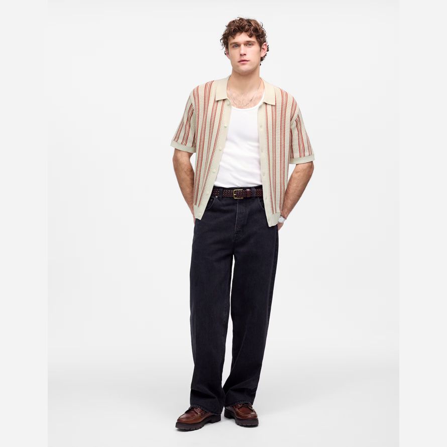 madewell open-stitch button-up sweater mens polo beige brown