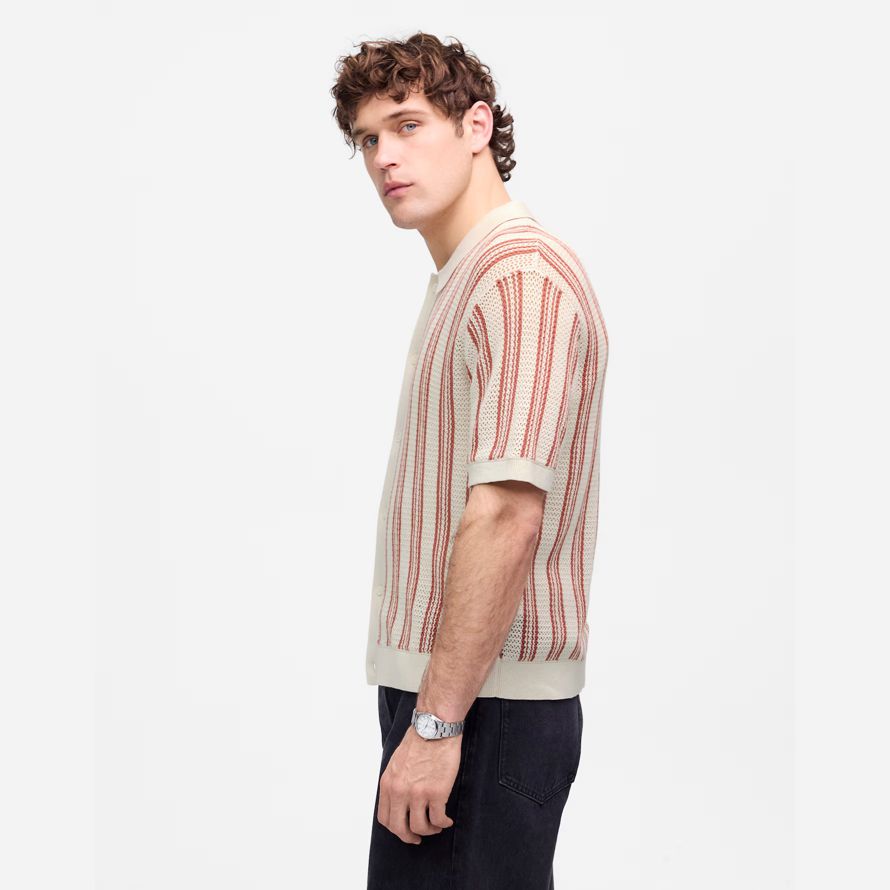 madewell open-stitch button-up sweater mens polo beige brown