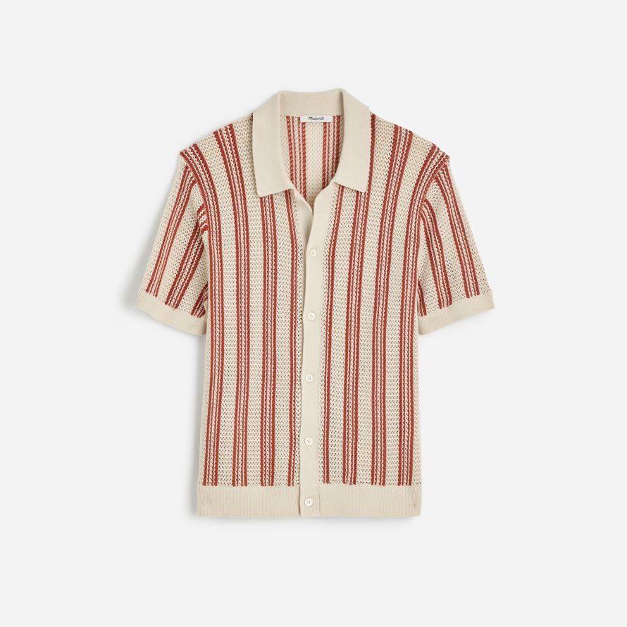 madewell open-stitch button-up sweater mens polo beige brown