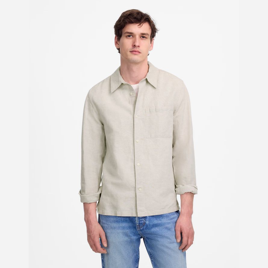 mens madewell button-up cotton-linen blend shirts beige