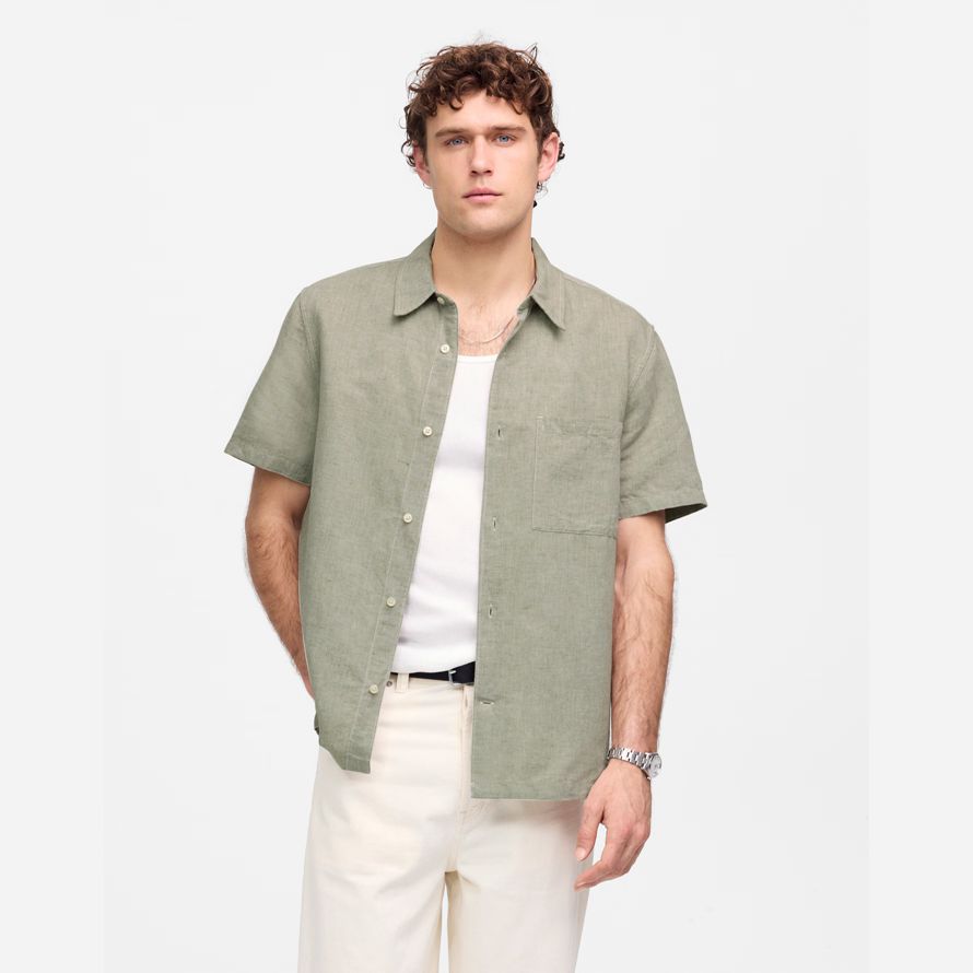 mens madewell button-up short cotton-linen blend shirts khaki green