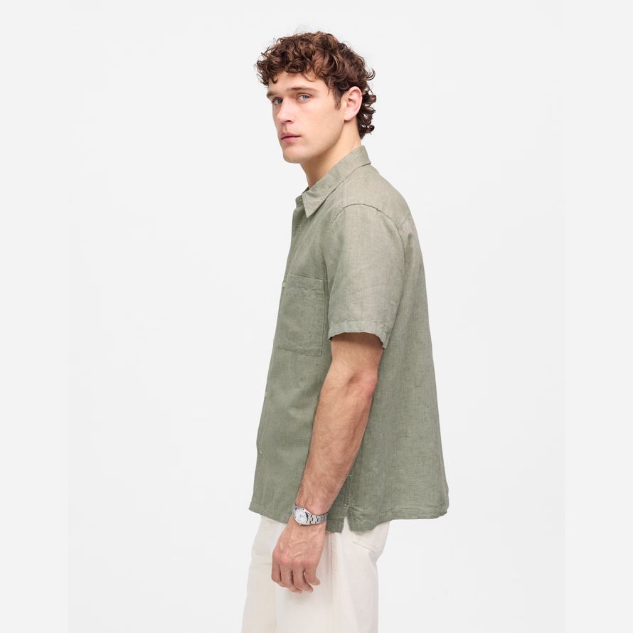 mens madewell button-up short cotton-linen blend shirts khaki green