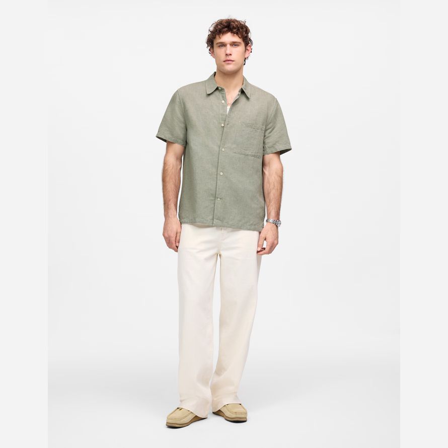 mens madewell button-up short cotton-linen blend shirts khaki green