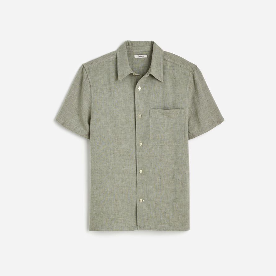 mens madewell button-up short cotton-linen blend shirts khaki green