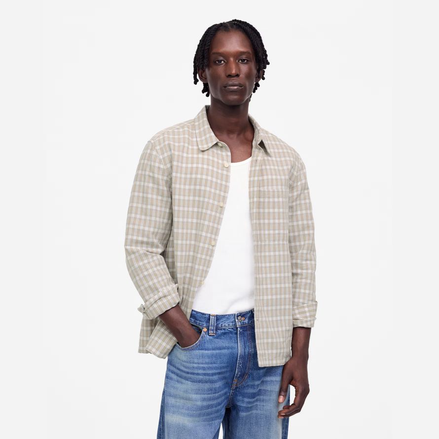 light beige mens madewell button-up cotton-linen blend shirts