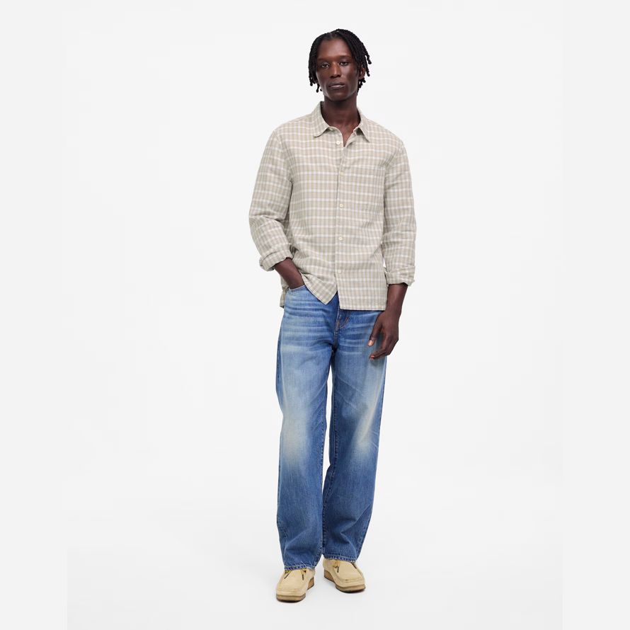 light beige mens madewell button-up cotton-linen blend shirts