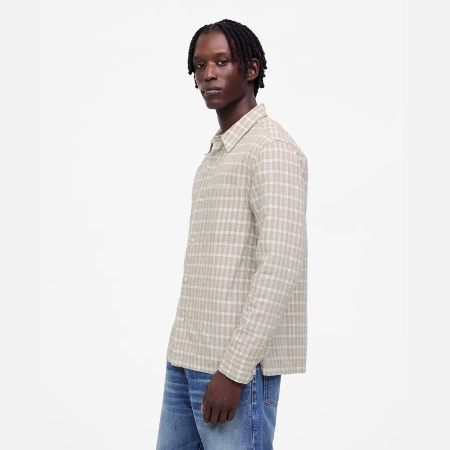 light beige mens madewell button-up cotton-linen blend shirts