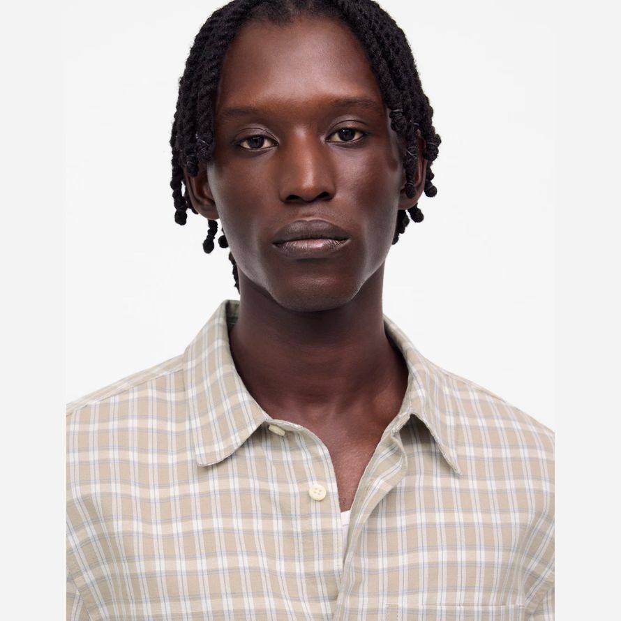 light beige mens madewell button-up cotton-linen blend shirts