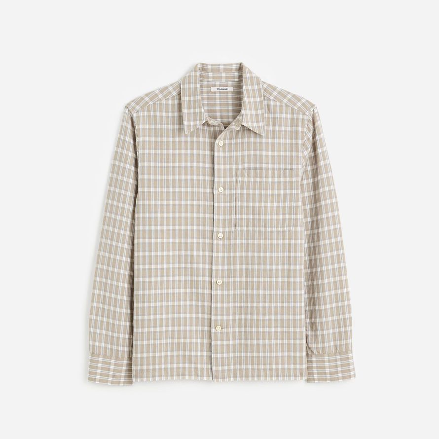light beige mens madewell button-up cotton-linen blend shirts