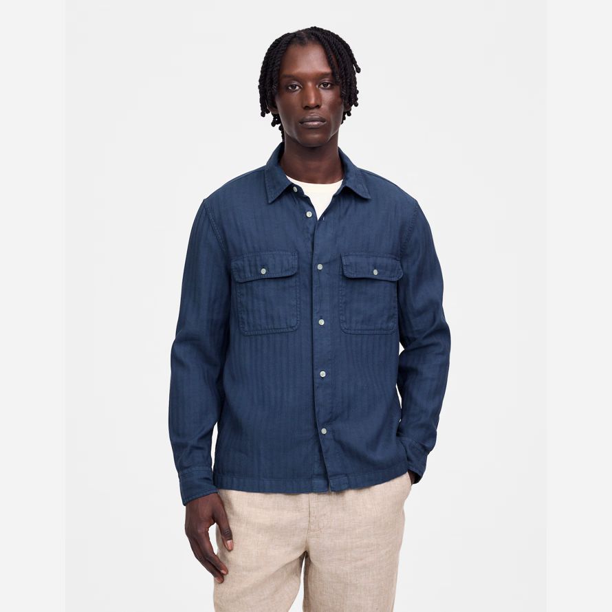dark blue mens madewell work cotton-linen blend shirts