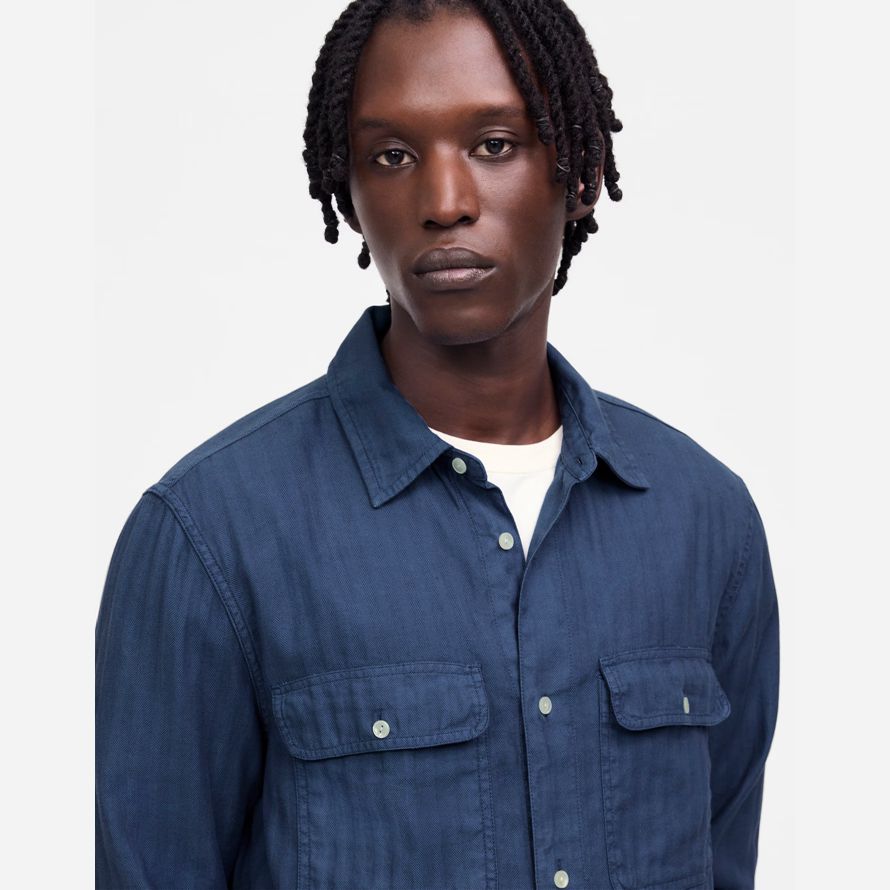 dark blue mens madewell work cotton-linen blend shirts