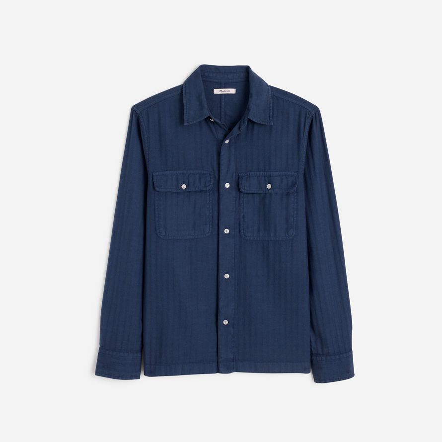 dark blue mens madewell work cotton-linen blend shirts