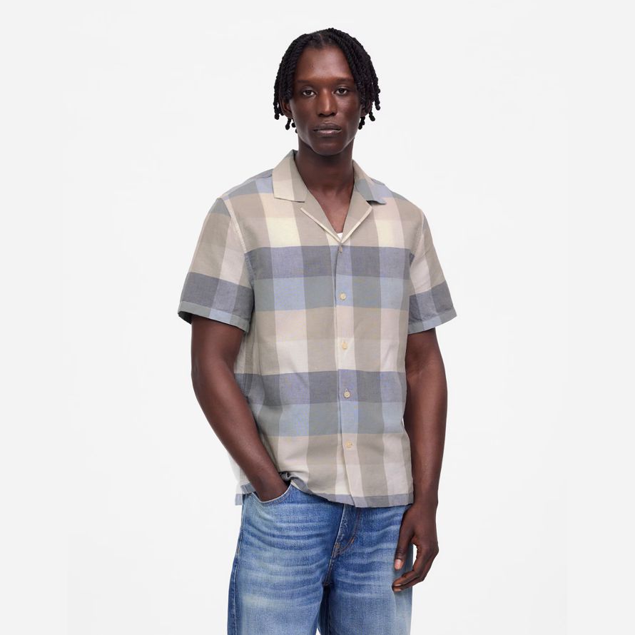 mens madewell short-sleeve button-up cotton-linen blend shirts beige blue