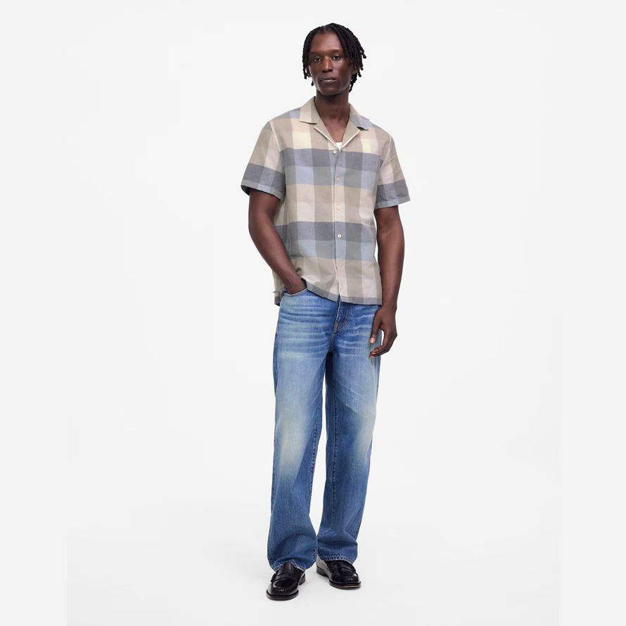 mens madewell short-sleeve button-up cotton-linen blend shirts beige blue