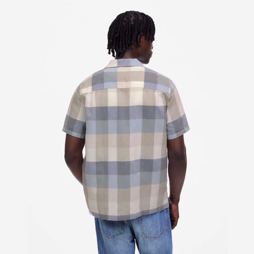 mens madewell short-sleeve button-up cotton-linen blend shirts beige blue