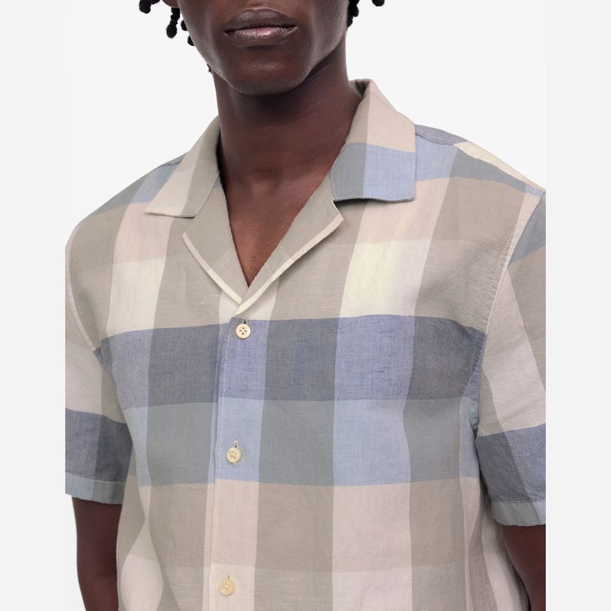 mens madewell short-sleeve button-up cotton-linen blend shirts beige blue
