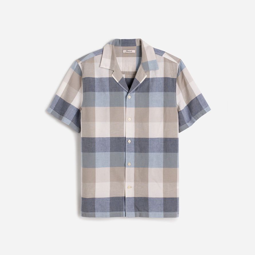 mens madewell short-sleeve button-up cotton-linen blend shirts beige blue