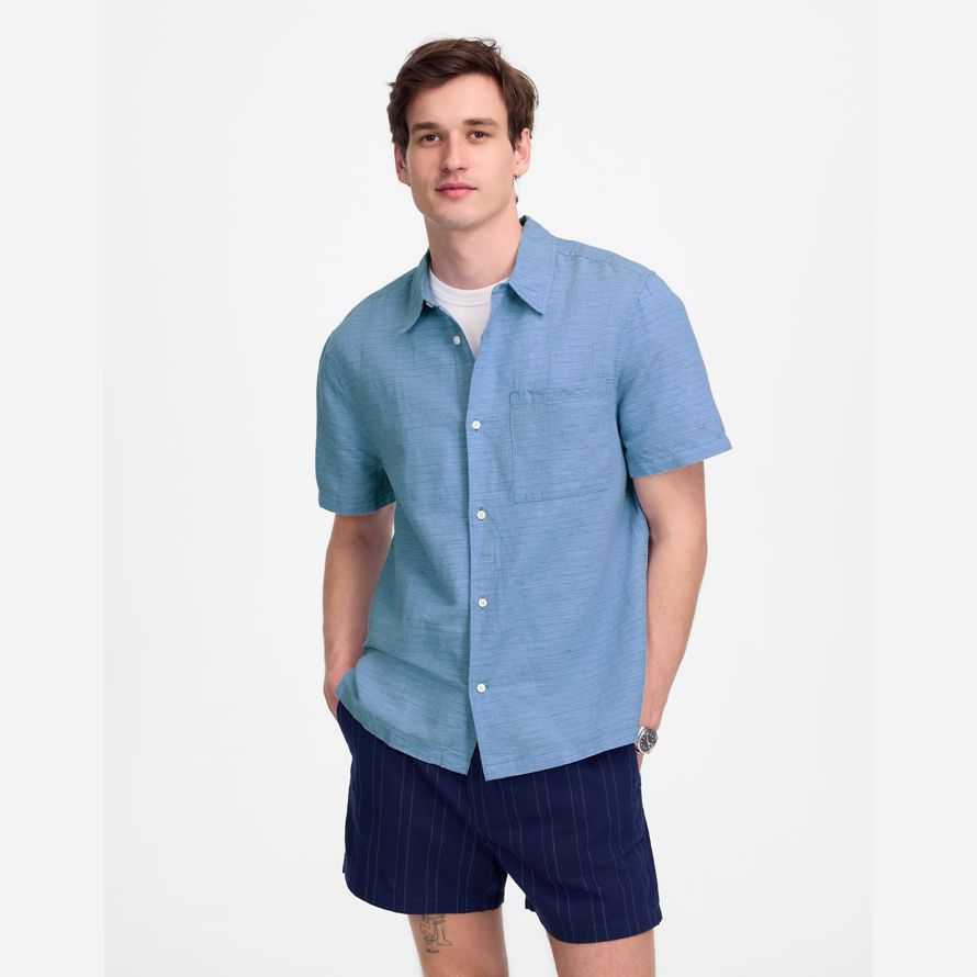 mens madewell button-up short cotton-linen blend shirts blue