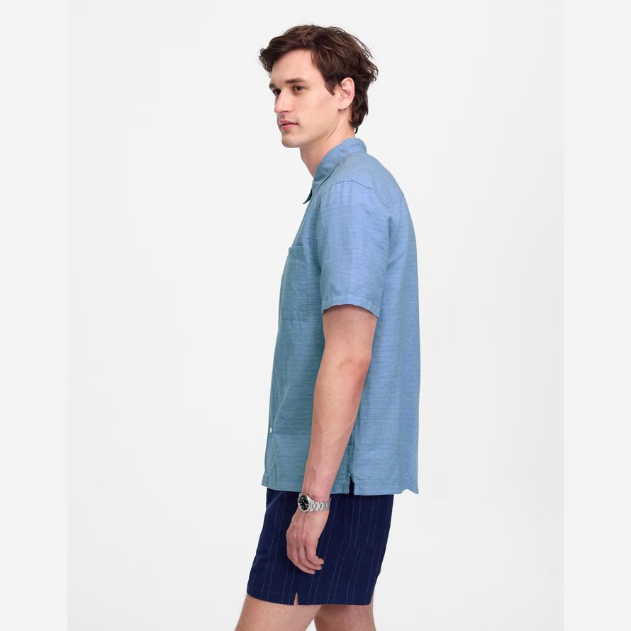 mens madewell button-up short cotton-linen blend shirts blue