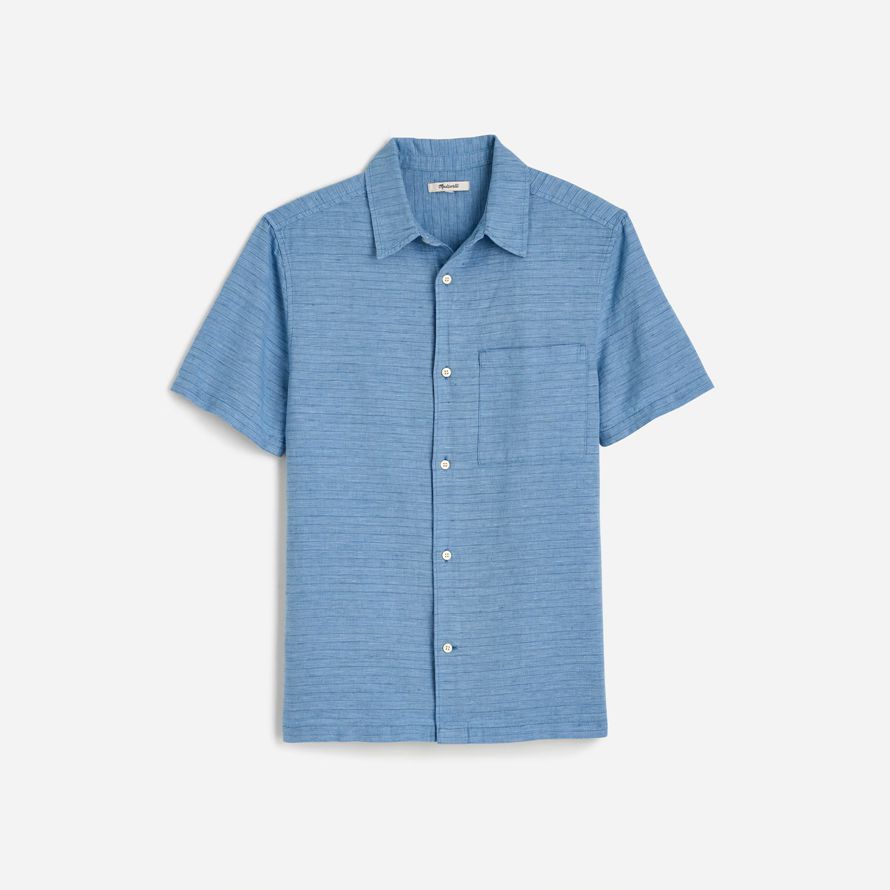 mens madewell button-up short cotton-linen blend shirts blue