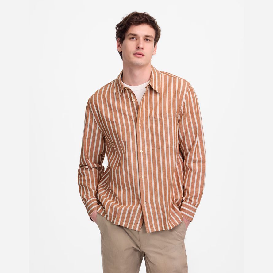 mens madewell button-up cotton-linen blend shirts brown beige