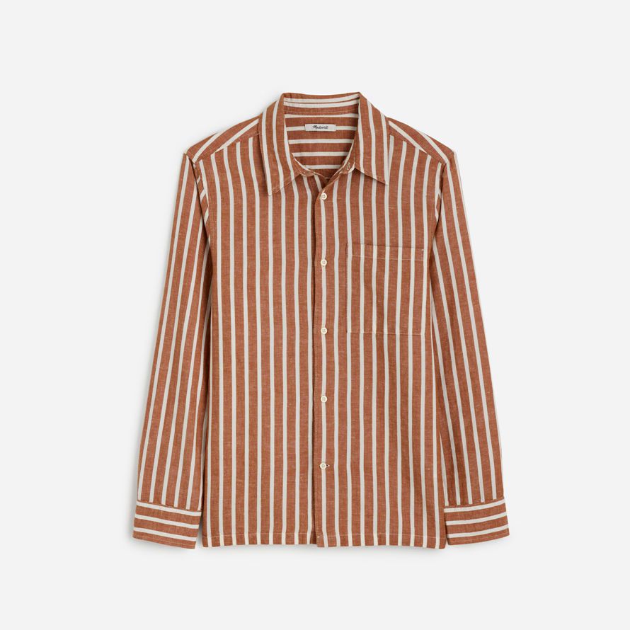 mens madewell button-up cotton-linen blend shirts brown beige