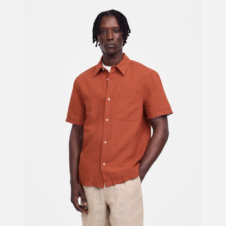 mens madewell button-up short cotton-linen blend shirts orange brown