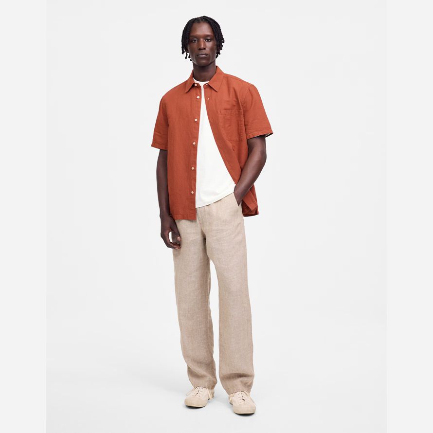 mens madewell button-up short cotton-linen blend shirts orange brown