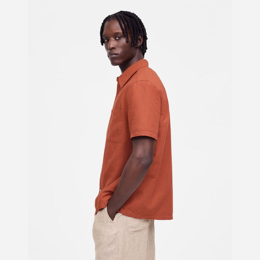 mens madewell button-up short cotton-linen blend shirts orange brown