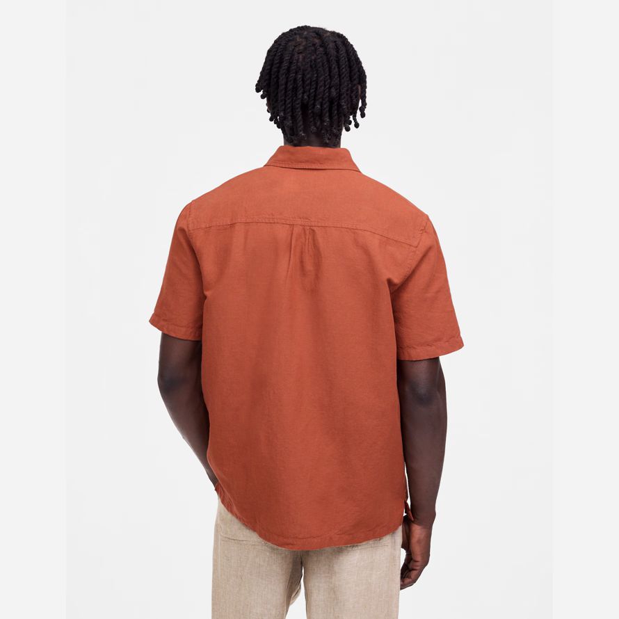 mens madewell button-up short cotton-linen blend shirts orange brown
