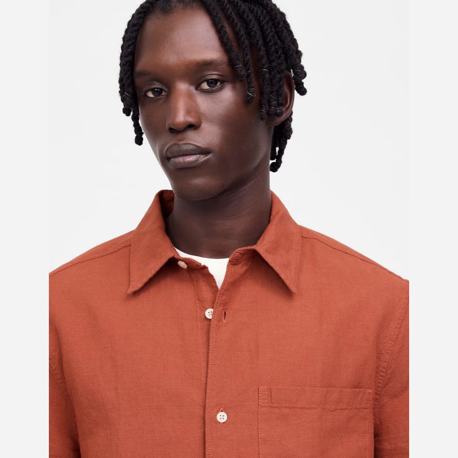 mens madewell button-up short cotton-linen blend shirts orange brown