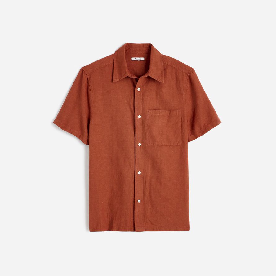 mens madewell button-up short cotton-linen blend shirts orange brown