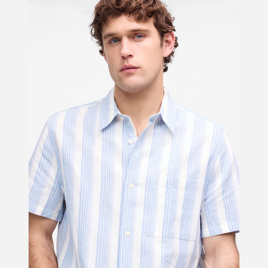 light blue white mens madewell button-up short cotton-linen blend shirts