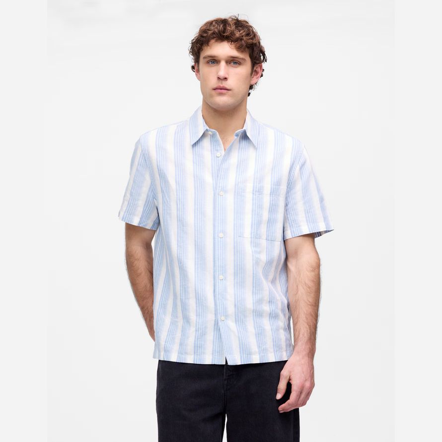 light blue white mens madewell button-up short cotton-linen blend shirts