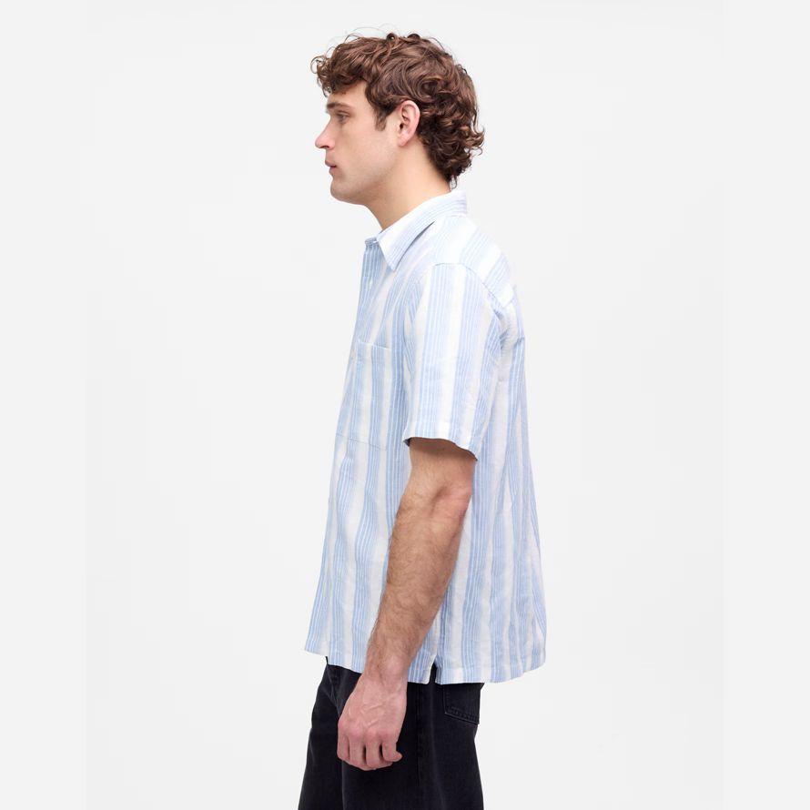 light blue white mens madewell button-up short cotton-linen blend shirts
