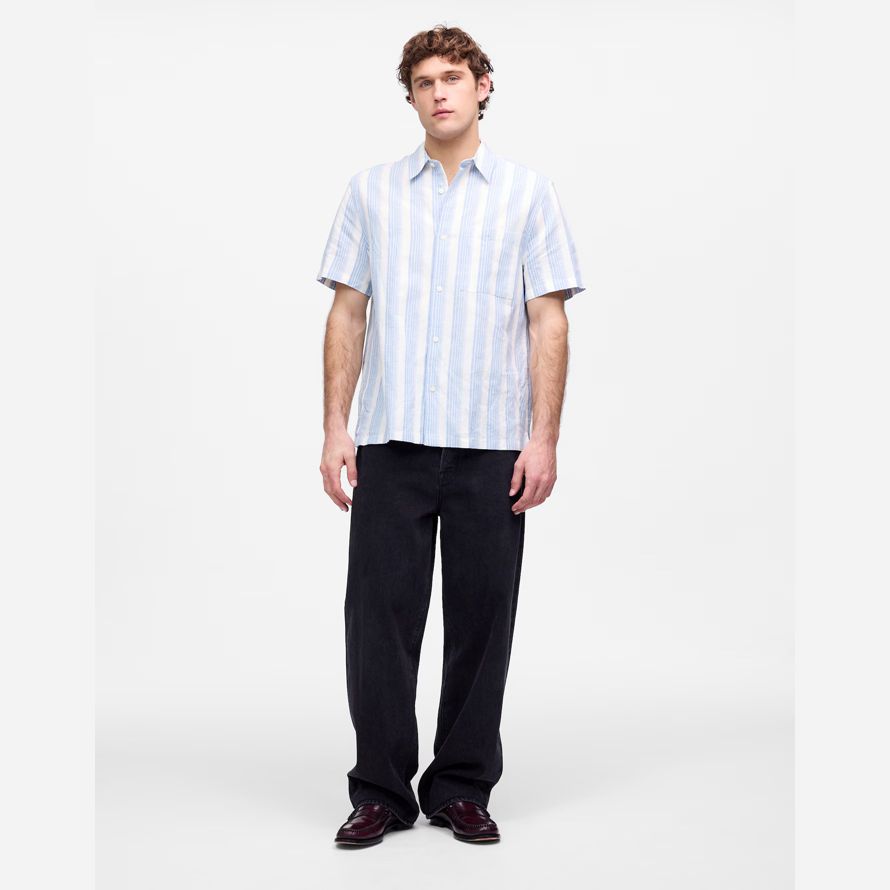 light blue white mens madewell button-up short cotton-linen blend shirts