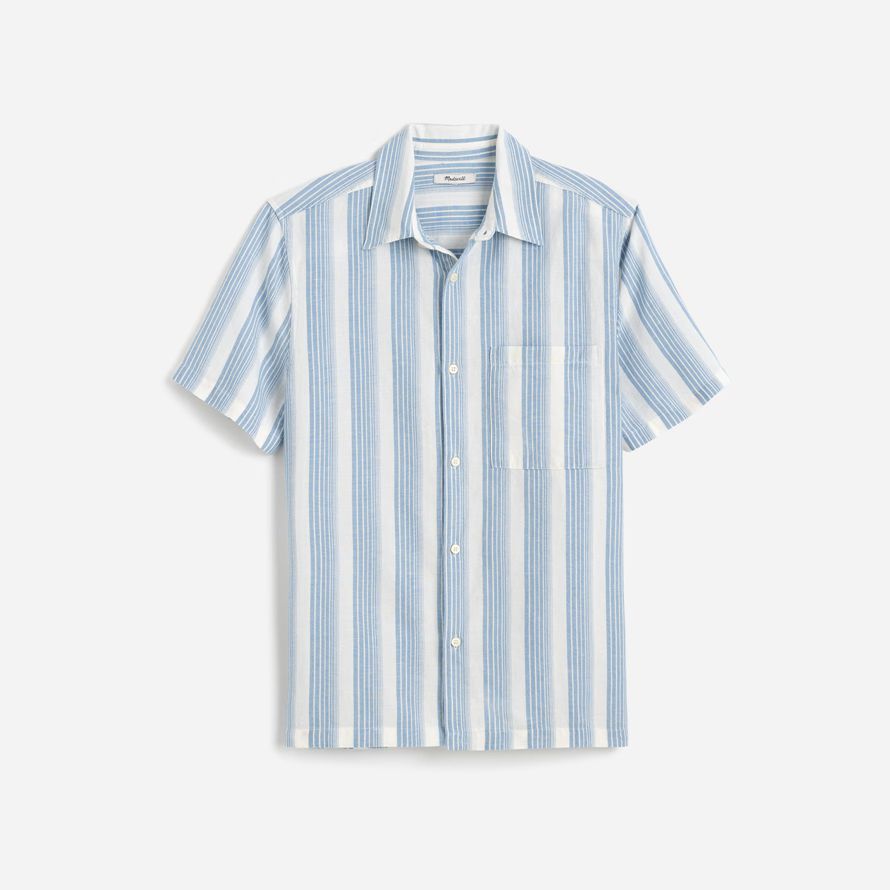 light blue white mens madewell button-up short cotton-linen blend shirts